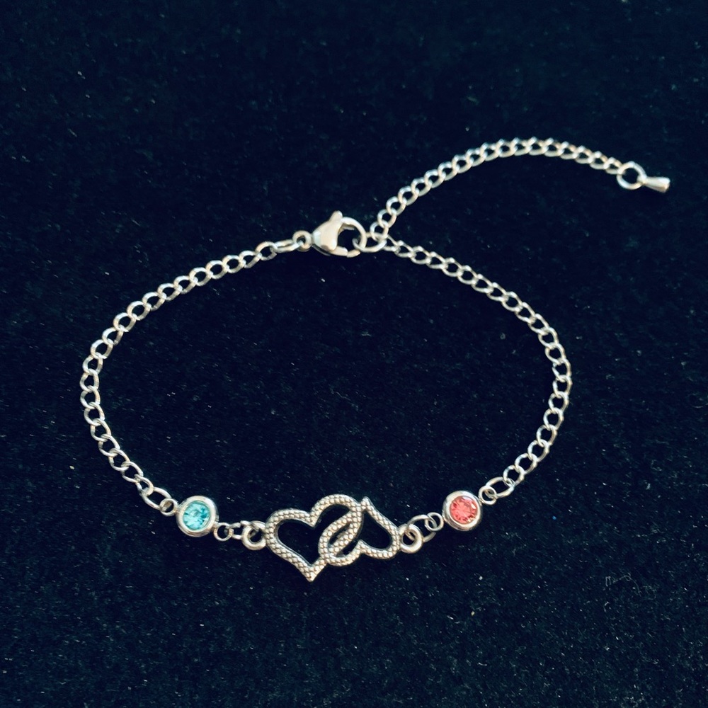 Double Heart bracelet or anklet with birthstone charms